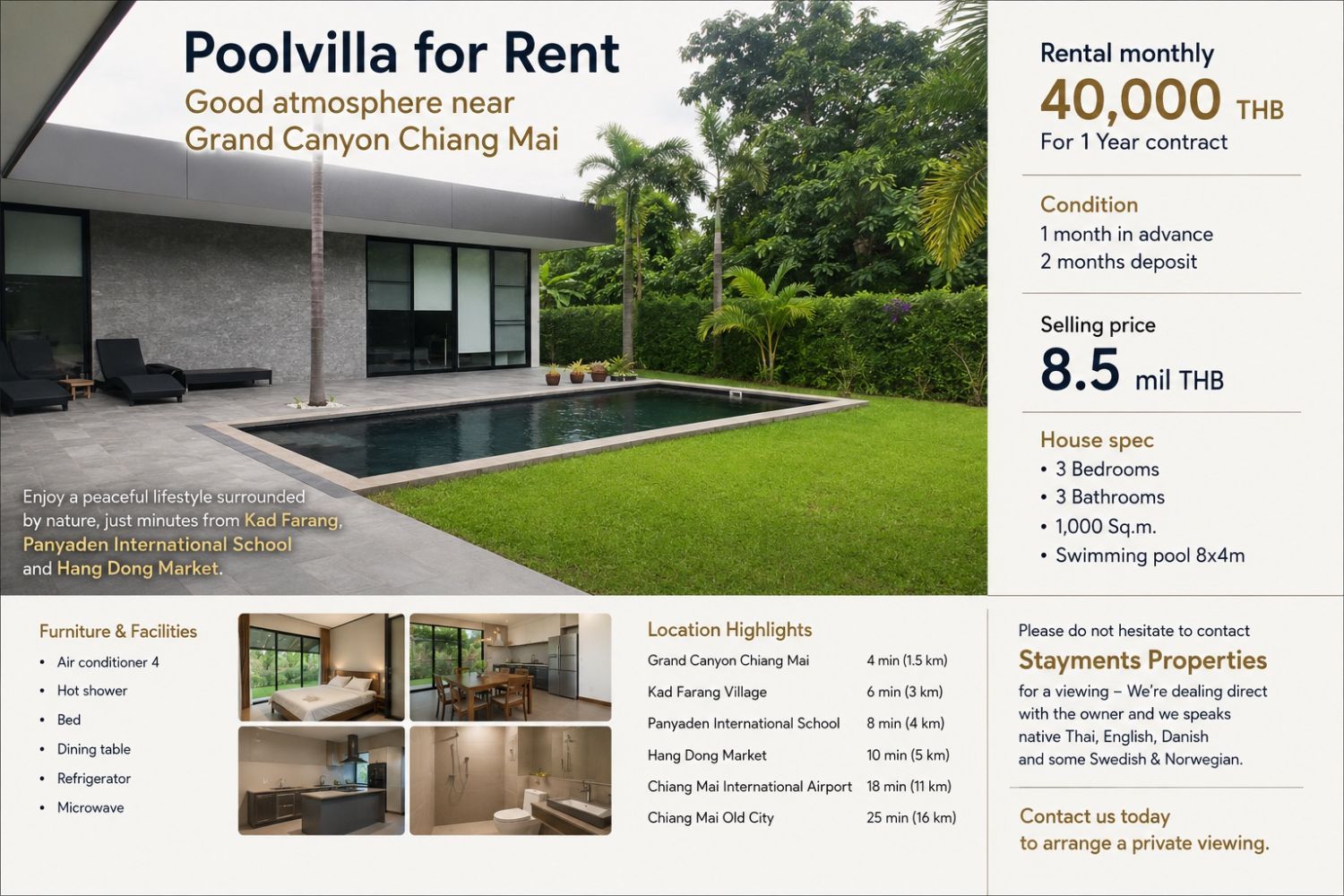 3 Bedroom Villa For Rent In Nam Phrae, Chiang Mai